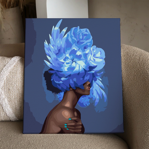 Stylized painting of a woman with vibrant blue flowers covering eyes