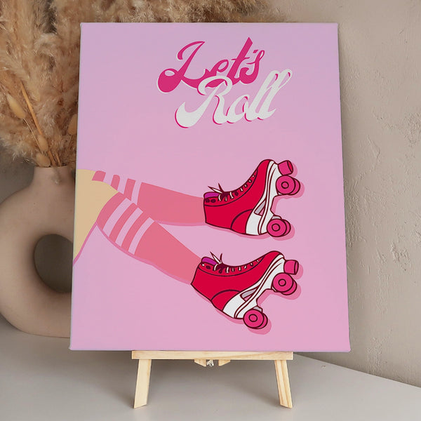 Retro pink roller skates with "Let’s Roll" typography design.