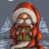 Whimsical Santa Claus holding a gift in snowy winter night