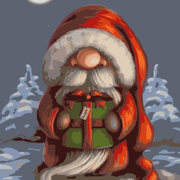 Whimsical Santa Claus holding a gift in snowy winter night