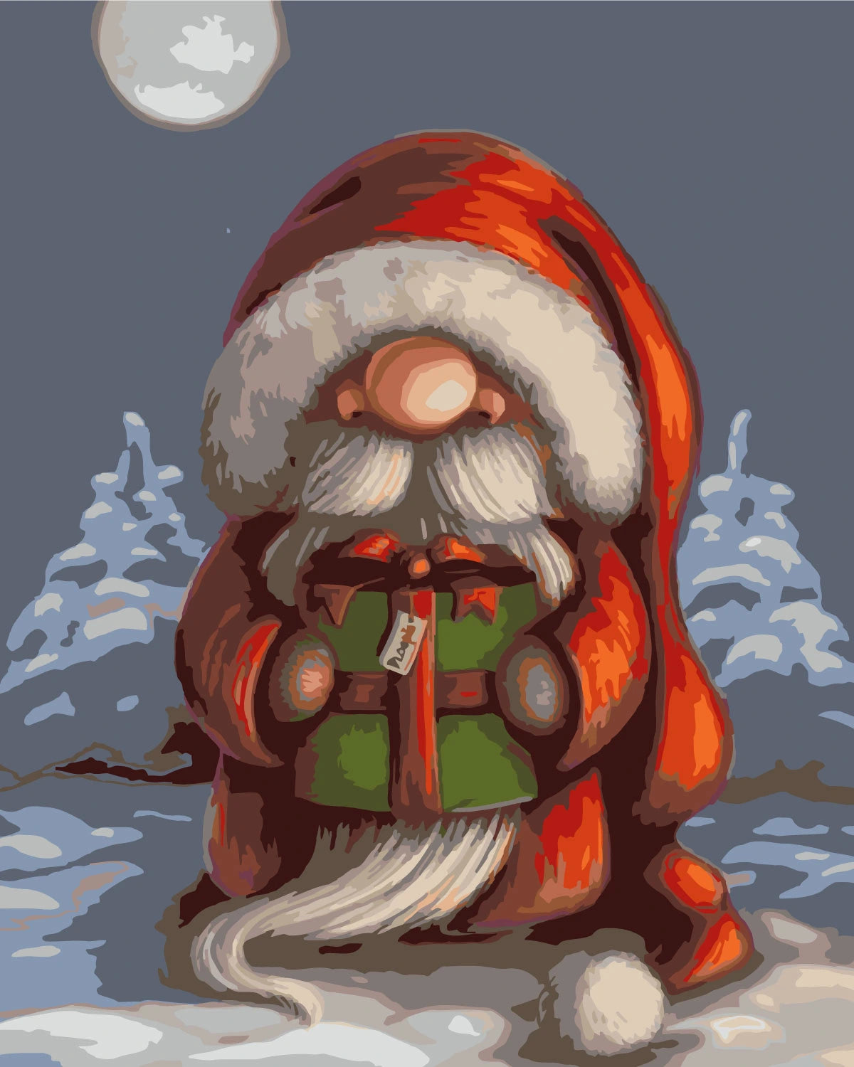 Whimsical Santa Claus holding a gift in snowy winter night