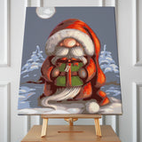 Whimsical Santa Claus holding a gift in snowy winter night