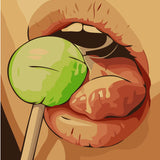 A close-up painting of lips licking a green lollipop.