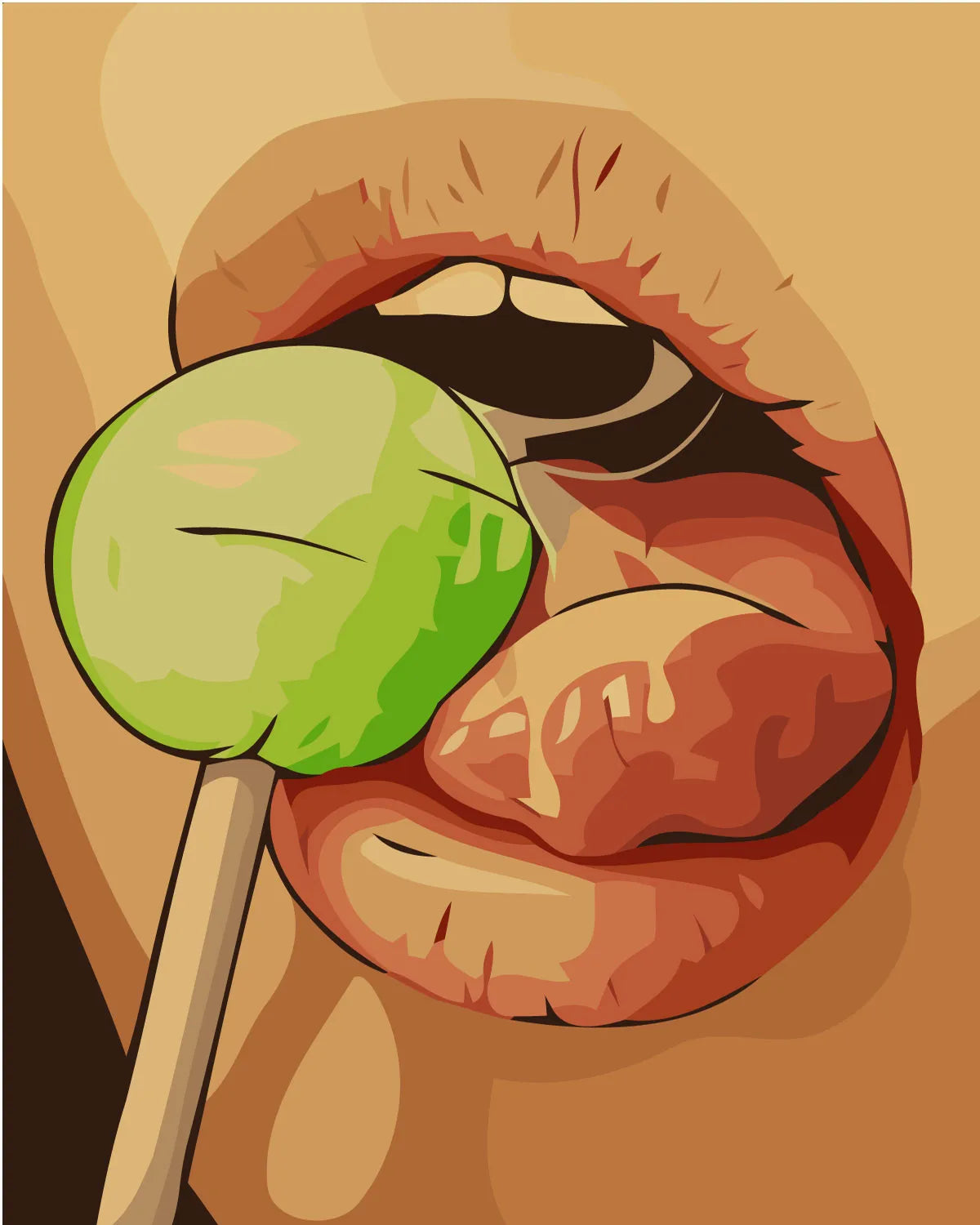 A close-up painting of lips licking a green lollipop.