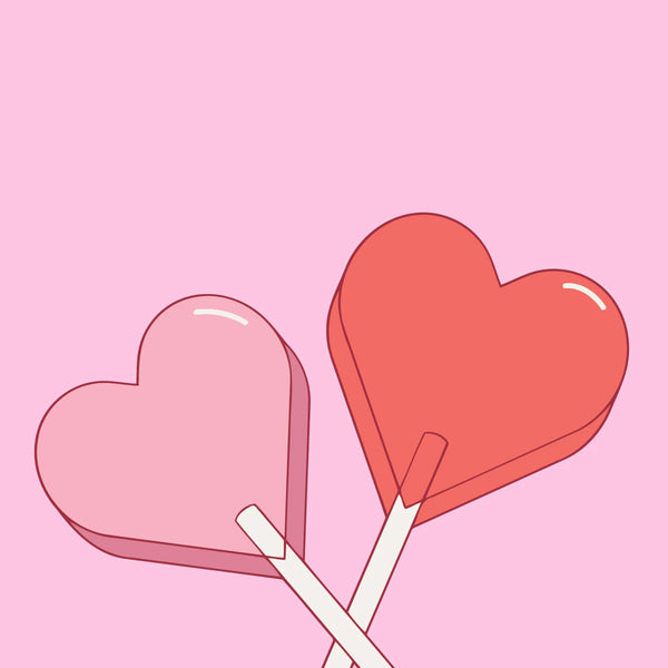 Two heart-shaped lollipops crossed against a pink background.