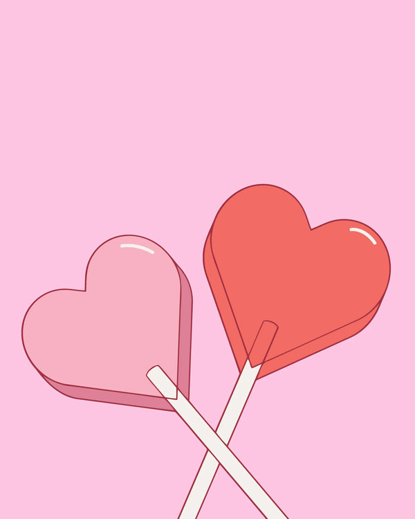 Two heart-shaped lollipops crossed against a pink background.
