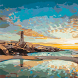 Scenic lighthouse painting with ocean reflection and colorful sunset sky