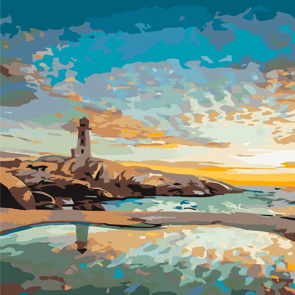 Scenic lighthouse painting with ocean reflection and colorful sunset sky