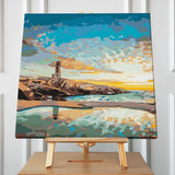 Scenic lighthouse painting with ocean reflection and colorful sunset sky