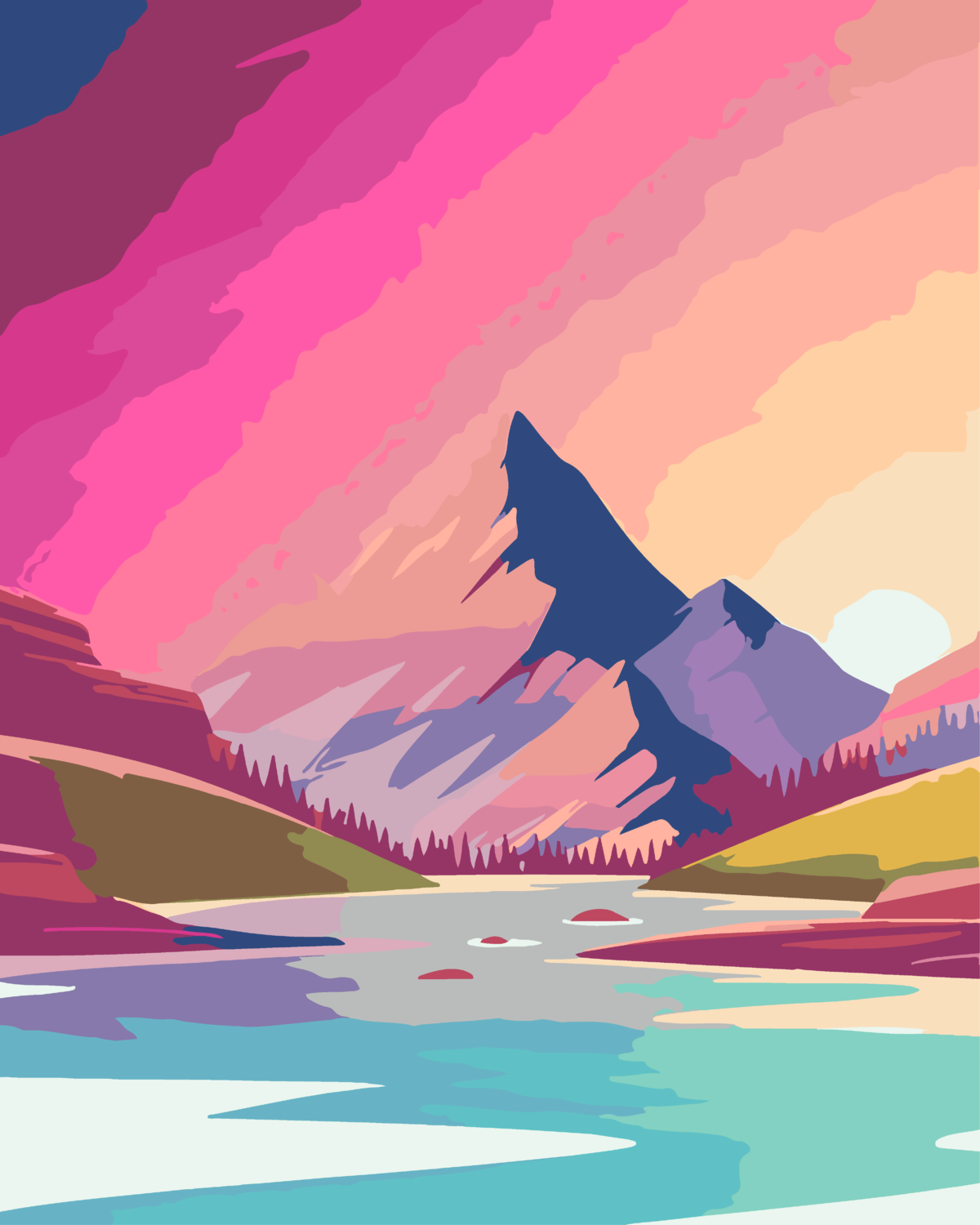 Colorful mountain landscape painting with a lake and sunset sky