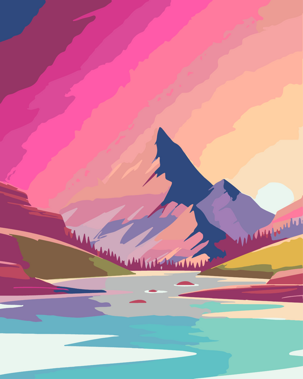 Colorful mountain landscape painting with a lake and sunset sky