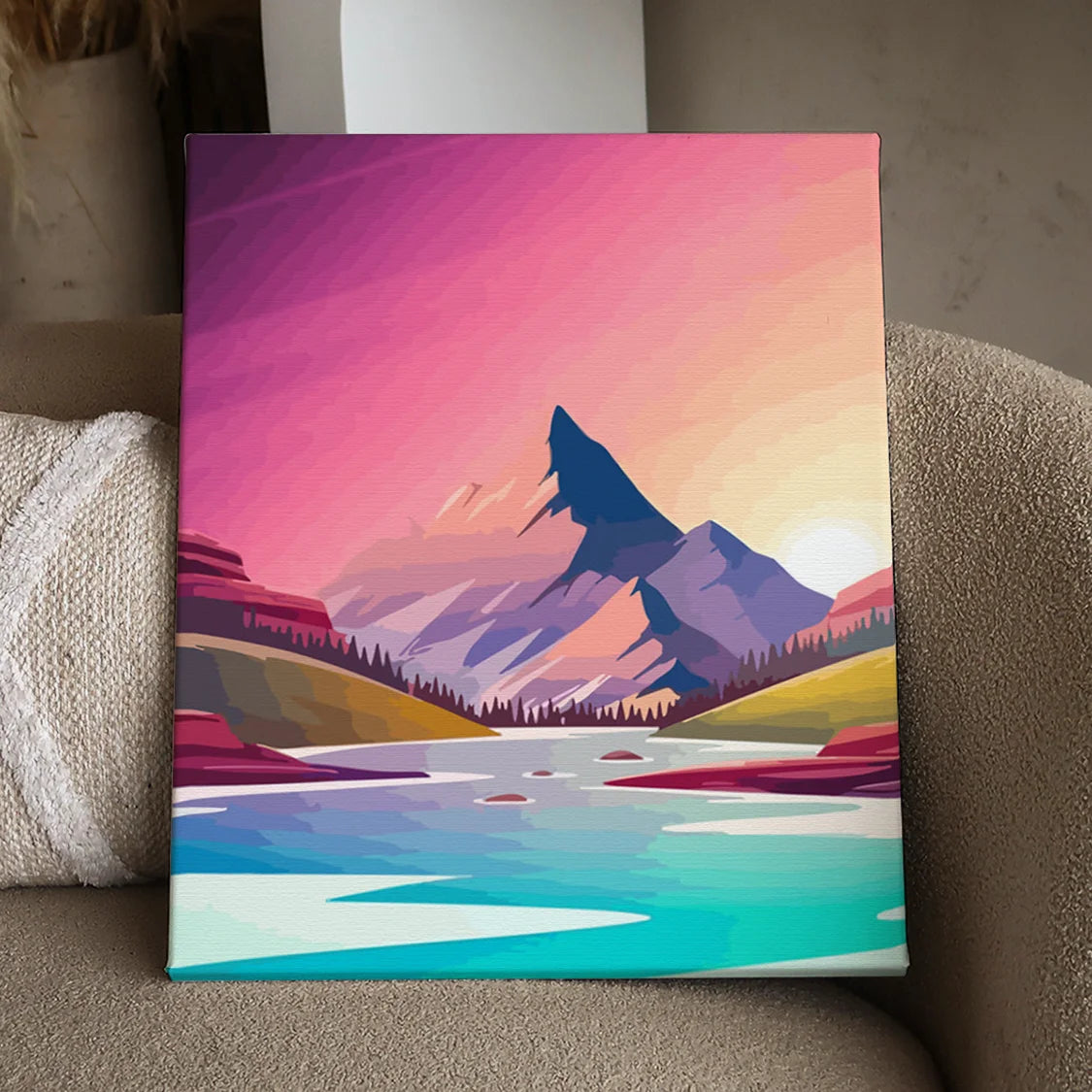 Colorful mountain landscape painting with a lake and sunset sky
