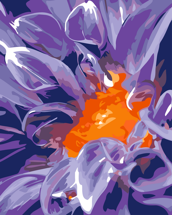 Vibrant close-up painting of a purple flower with orange center
