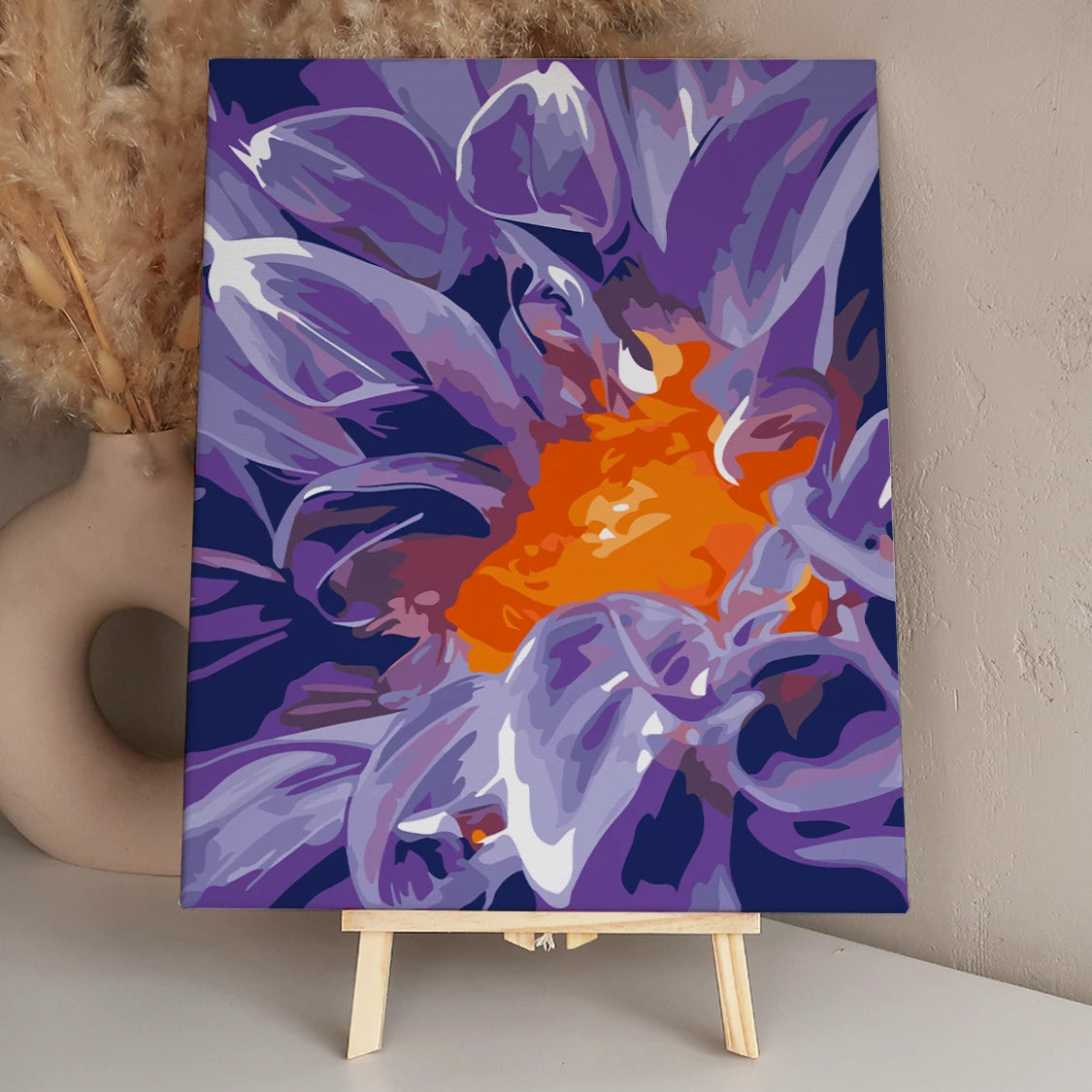 Vibrant close-up painting of a purple flower with orange center
