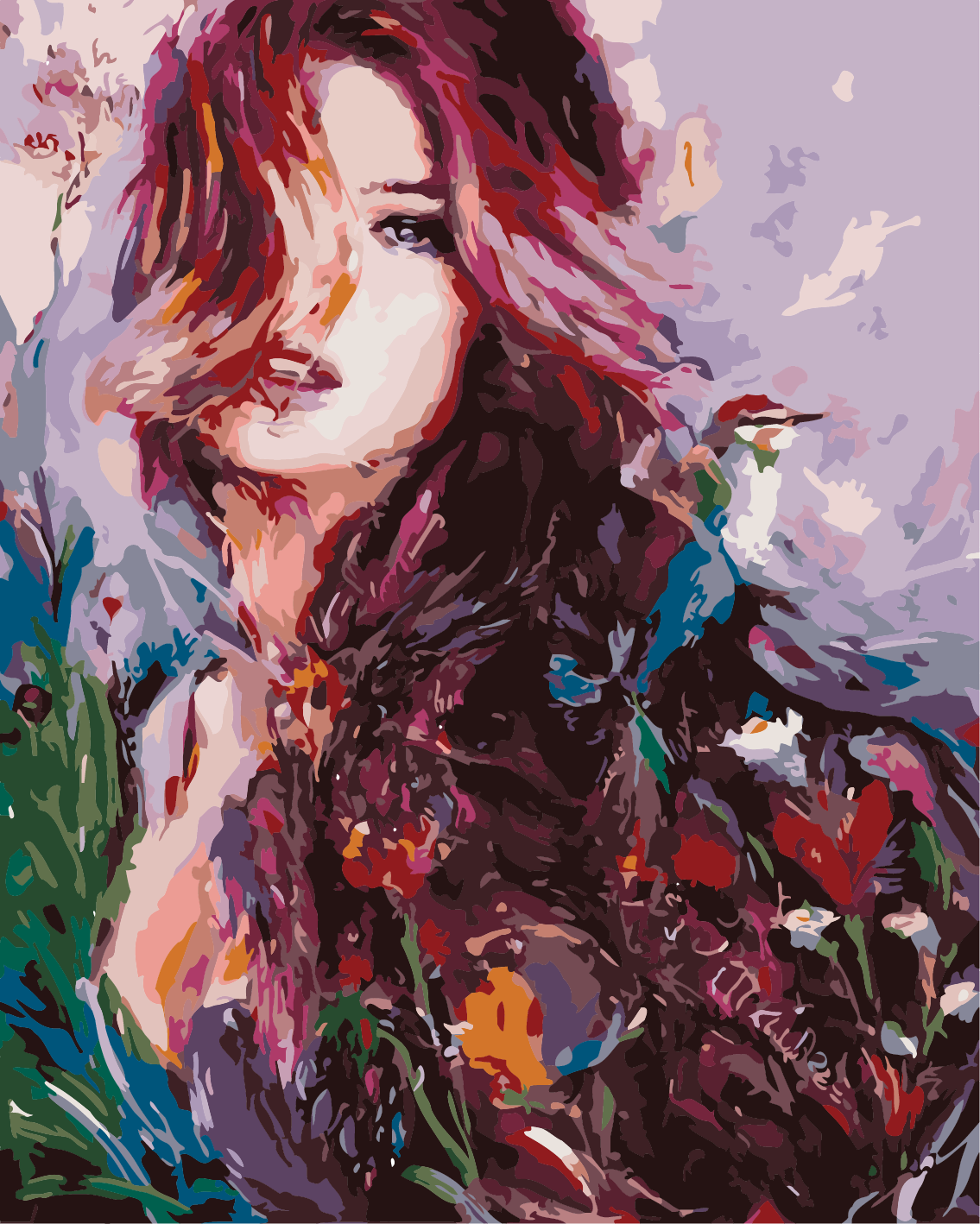 Expressive portrait painting of a woman with flowing colorful hair