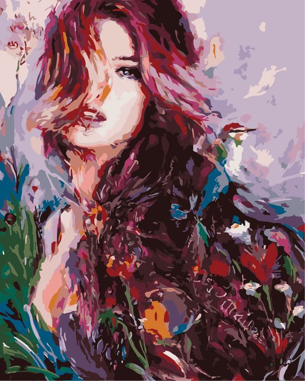 Expressive portrait painting of a woman with flowing colorful hair