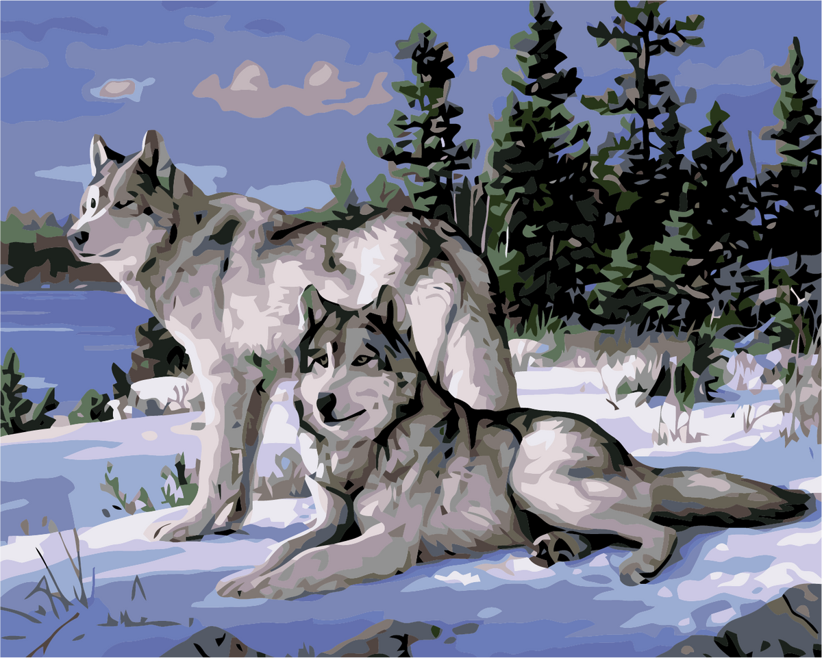 Two wolves in a snowy forest with a lake background