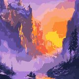 Colorful sunset over lake with boat and mountains painting