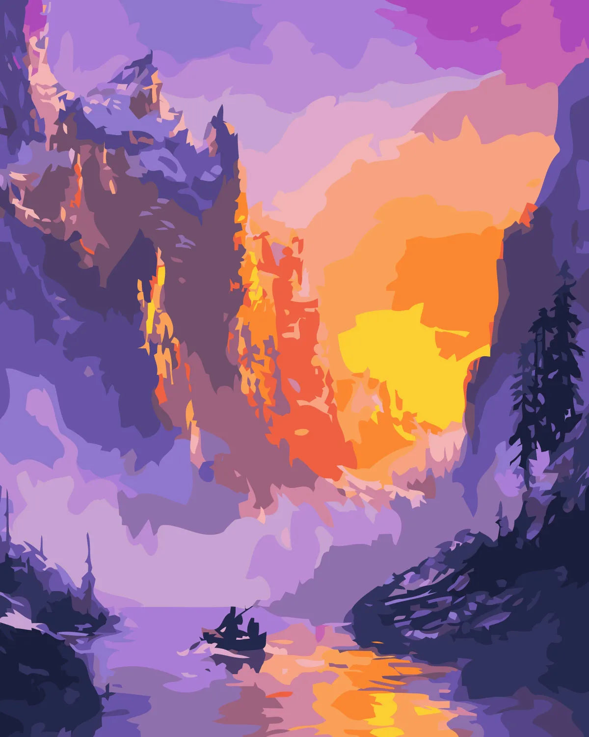 Colorful sunset over lake with boat and mountains painting