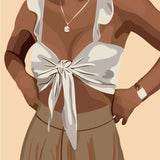 Stylized painting of a woman in a tied crop top outfit