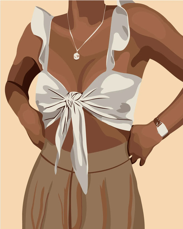 Stylized painting of a woman in a tied crop top outfit