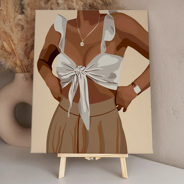 Stylized painting of a woman in a tied crop top outfit