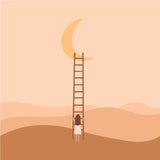 Minimalist painting of a girl climbing ladder to the moon
