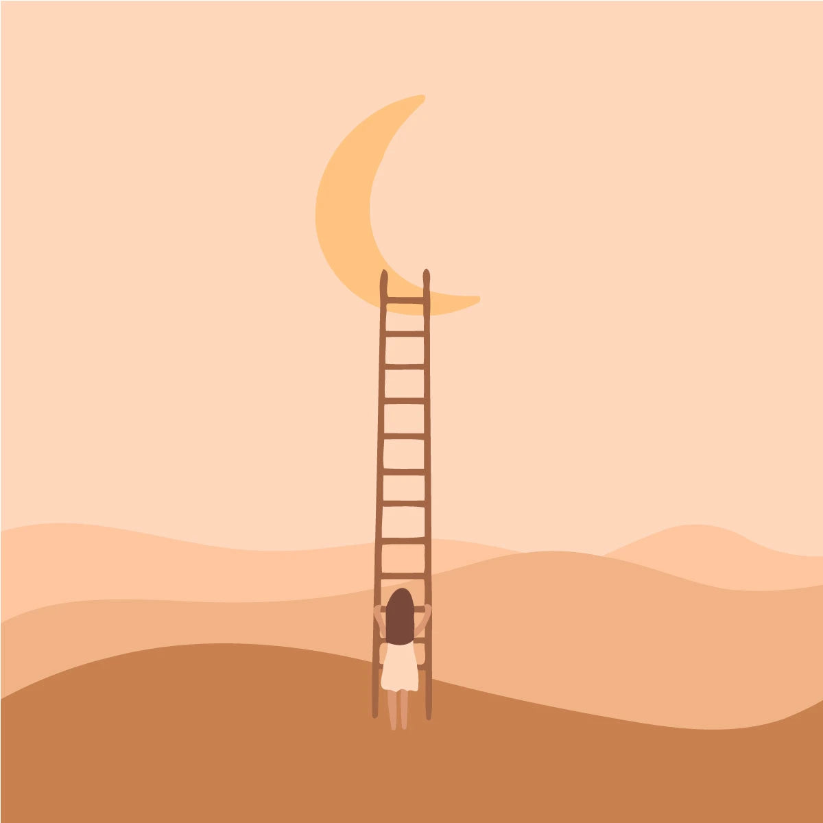 Minimalist painting of a girl climbing ladder to the moon