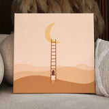 Minimalist painting of a girl climbing ladder to the moon