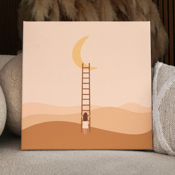 Minimalist painting of a girl climbing ladder to the moon