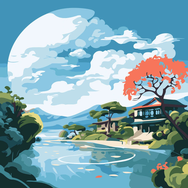 Scenic landscape painting with river, traditional house, and big moon