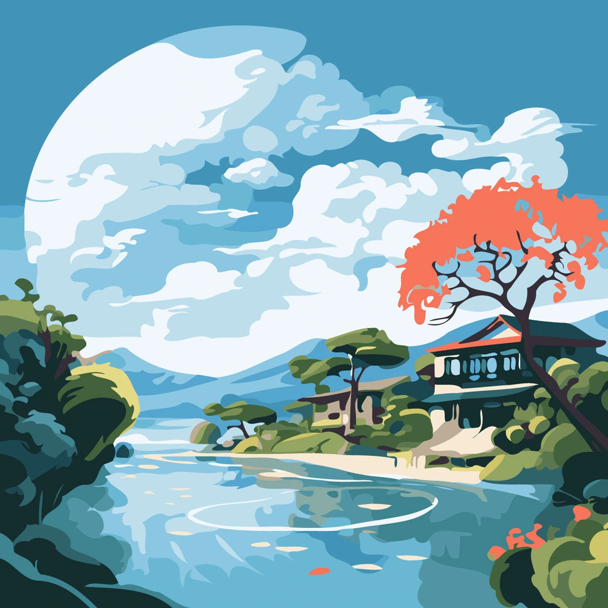 Scenic landscape painting with river, traditional house, and big moon