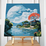 Scenic landscape painting with river, traditional house, and big moon