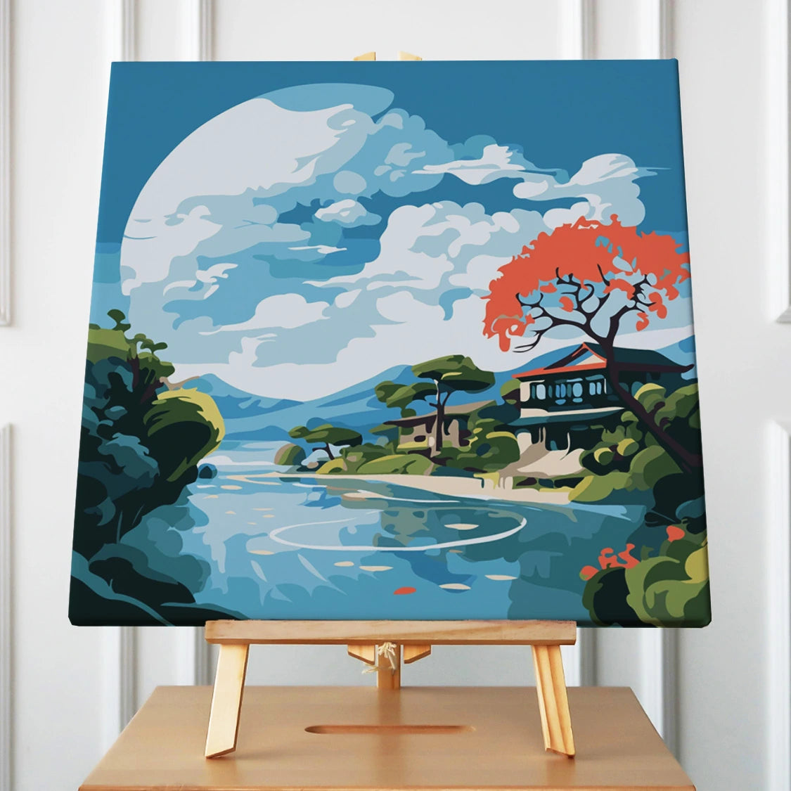Scenic landscape painting with river, traditional house, and big moon