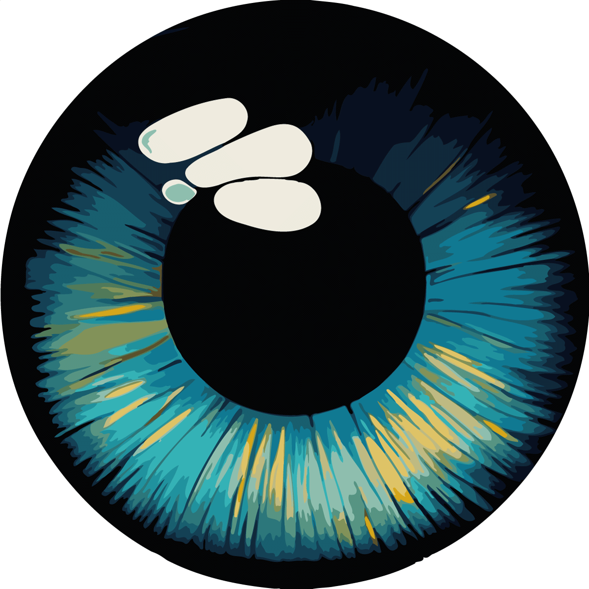 Digital painting of a detailed blue and yellow human iris