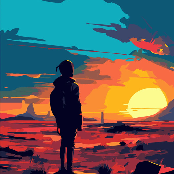 Silhouetted figure watching vibrant sunset over desert landscape painting