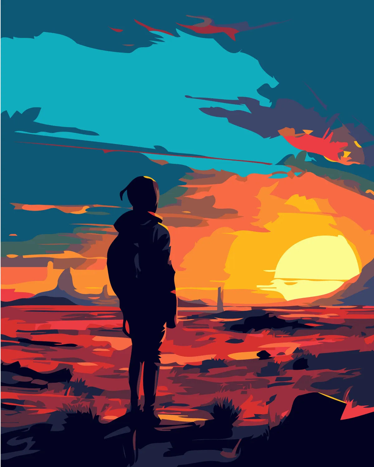 Silhouetted figure watching vibrant sunset over desert landscape painting