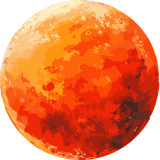 Digital painting of a fiery, textured, orange and red planet