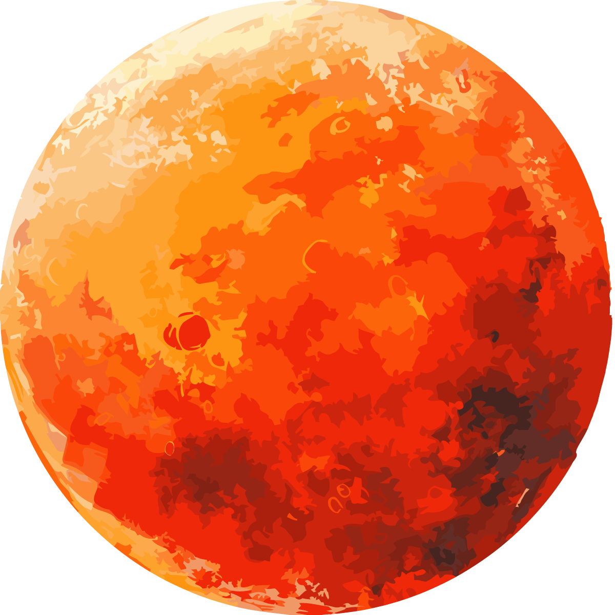 Digital painting of a fiery, textured, orange and red planet