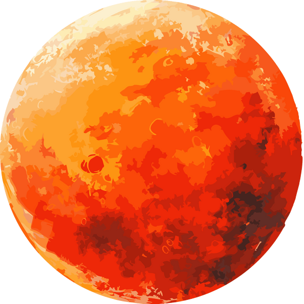Digital painting of a fiery, textured, orange and red planet
