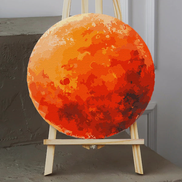 Digital painting of a fiery, textured, orange and red planet