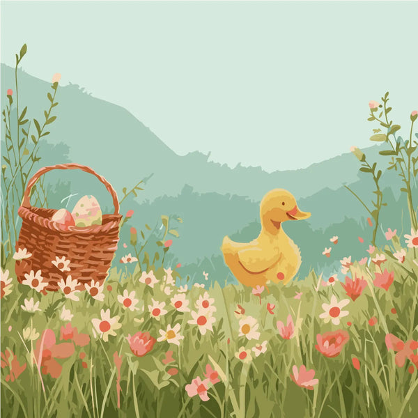 Cute yellow duckling in a flower meadow with Easter basket