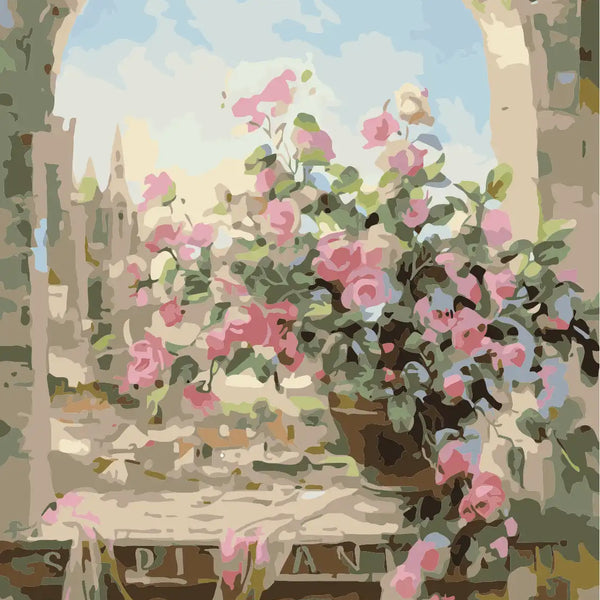 Romantic painting of pink roses on a windowsill with scenery