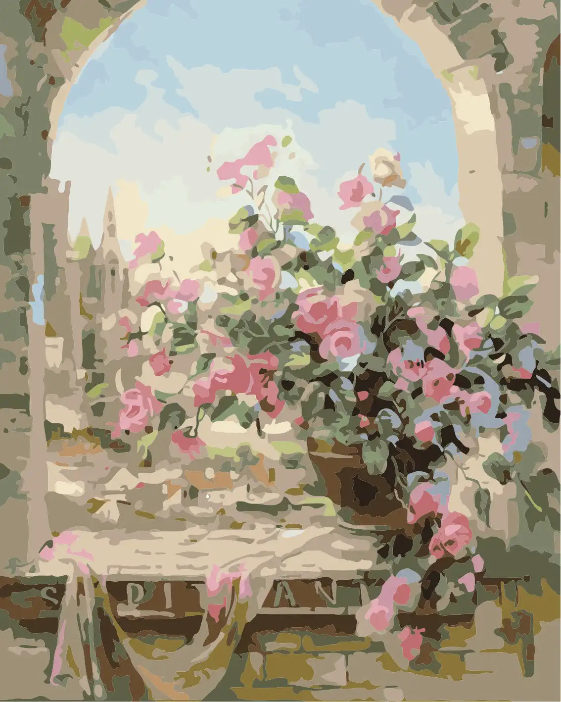 Romantic painting of pink roses on a windowsill with scenery
