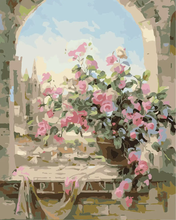 Romantic painting of pink roses on a windowsill with scenery