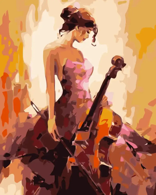 Stylized painting of a woman in a dress playing the cello