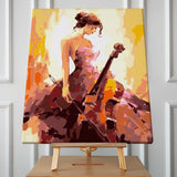 Stylized painting of a woman in a dress playing the cello