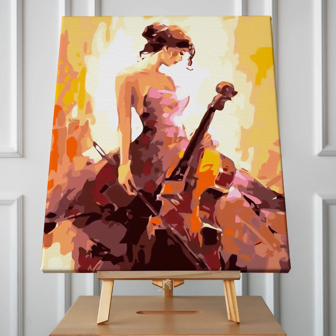 Stylized painting of a woman in a dress playing the cello