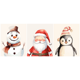 Watercolor painting of Santa, snowman, and penguin in festive hats