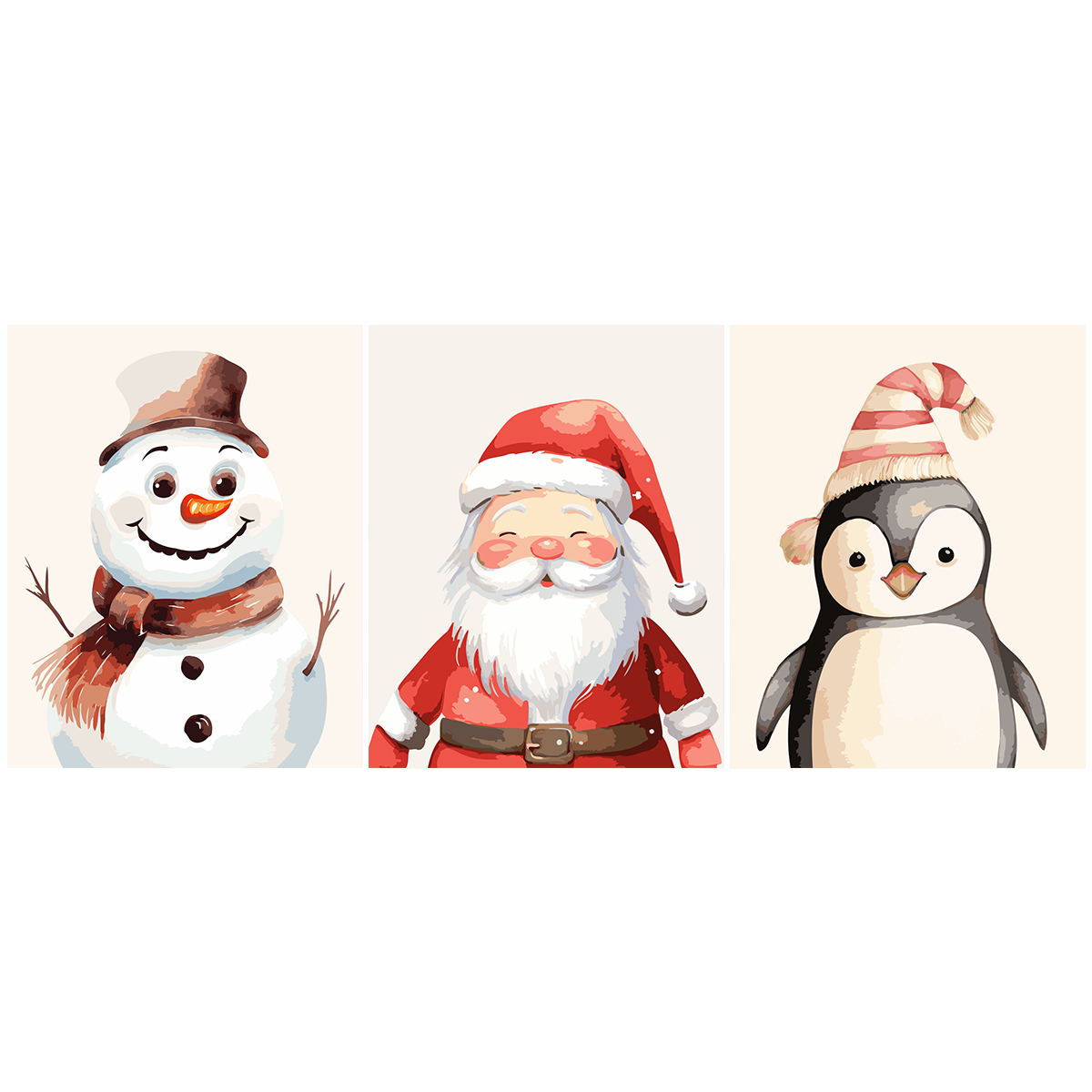 Watercolor painting of Santa, snowman, and penguin in festive hats